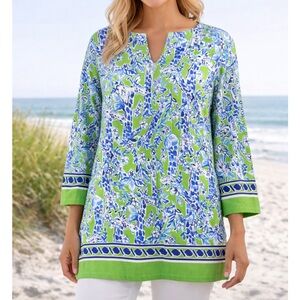 Barbara Erickson Green and Blue Floral Tunic Top